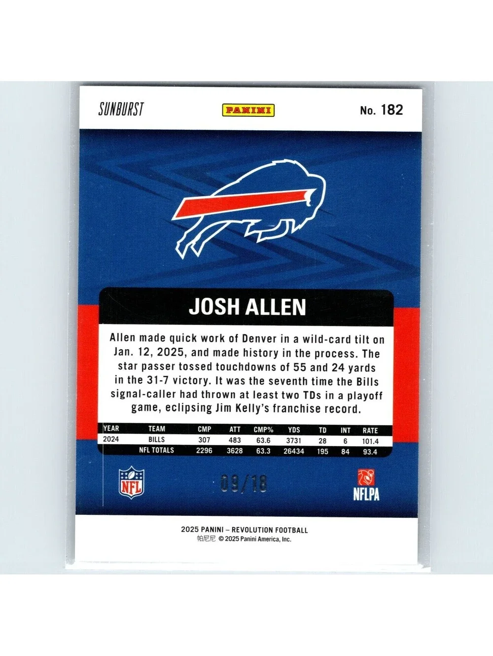 2025 Panini Revolution Football - Josh Allen #182 - Sunburst /18 - Buffalo Bills
